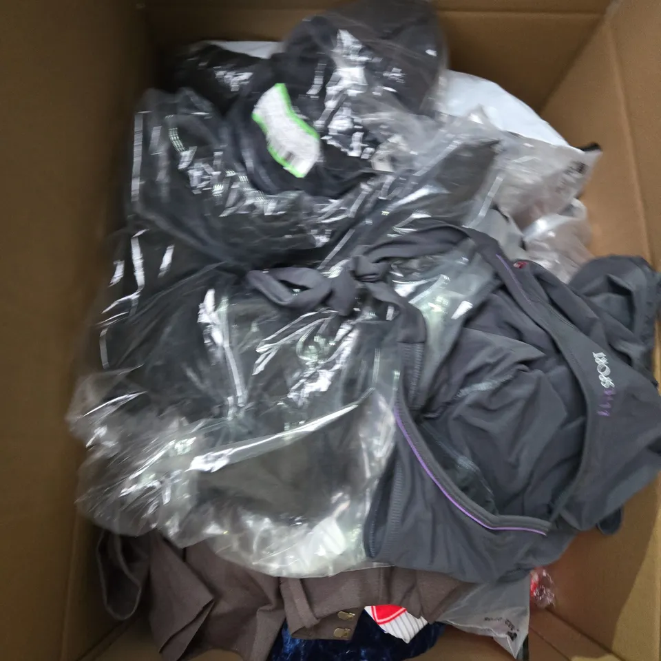 LARGE BOX OF ASSORTED CLOTHING ITEMS IN VARIOUS SIZES, STYLES AND COLOUR 