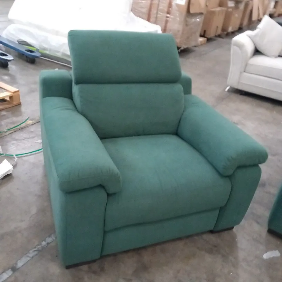 DESIGNER ITALIAN MADE GREEN FABRIC LARGE ELECTRIC RECLINING(ONE SECTION) SOFA CORNER SOFA AND ELECTRIC RECLINING ARMCHAIR WITH ADJUSTABLE HEADREST