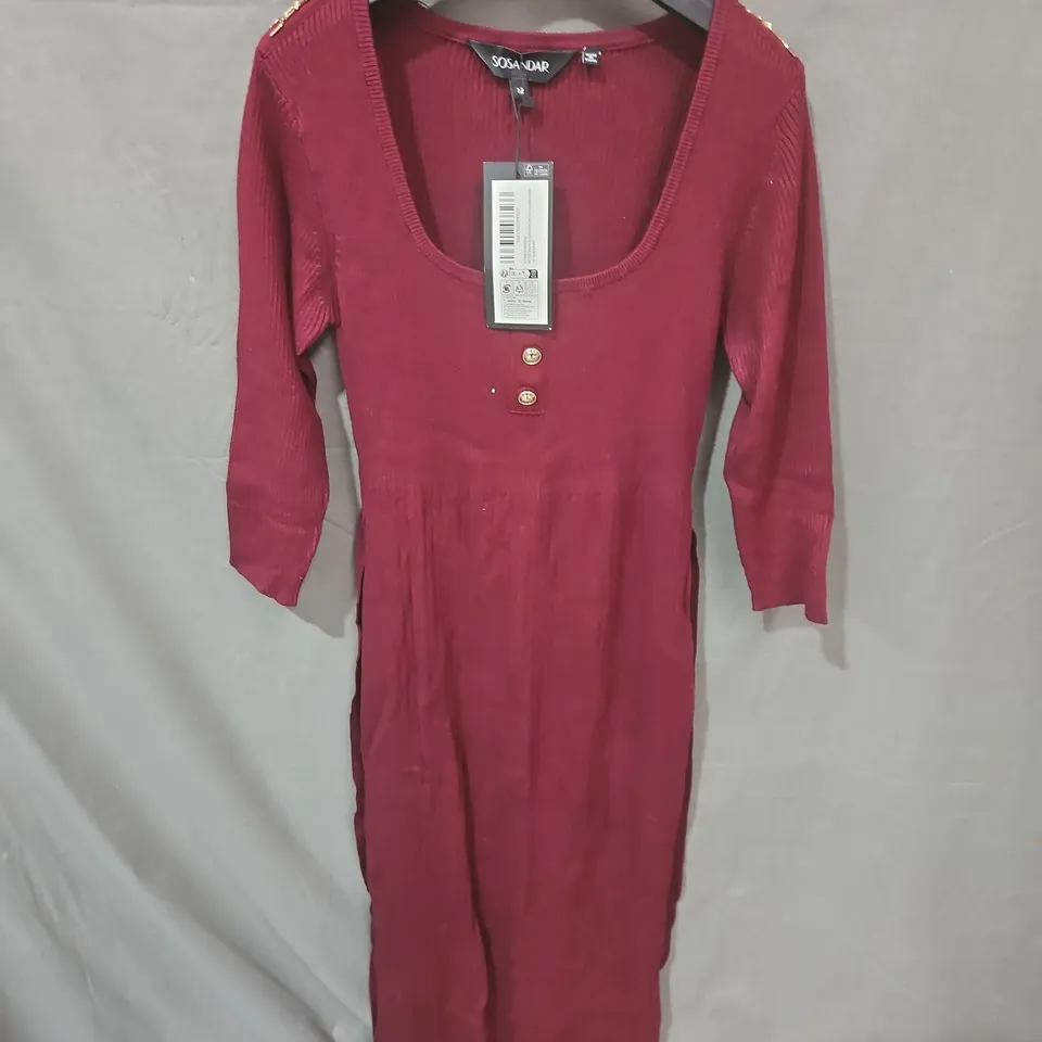 SOSANDER BELTED SNAFFLE SHOULDER DETAIL COLUMN DRESS IN BURGUNDY - SIZE 12