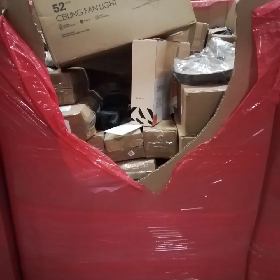 PALLET CONTAINING VARIOUS ASSORTED BOXED HOUSEHOLD ITEMS TO INCLUDE: INDUCTION HOB, CEILING FAN LIGHT, HOUSEHOLD OVEN, JUICER AND LOTS MORE UNMARKED BOXED ITEMS 