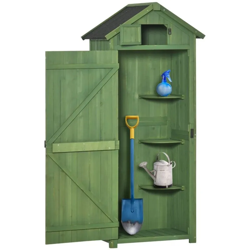 OUTSUNNY SMALL SHED, TALL SLIM WOODEN GARDEN SHED WITH 3 REMOVABLE SHELVES AND ROOF HATCH, COMPACT OUTDOOR TOOL STORAGE CABINET WITH ASPHALT ROOF AND DOOR LATCH, 77 X 54.2 X 179 CM, GREEN