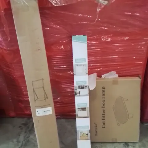 PALLET OF ASSORTED HOUSEHOLD GOODS AND PRODUCTS TO INCLUDE;KIDS CLOTHING RACK,RETRACTABLE SAFETY GATE,CAT LITTER BOX RAMP
