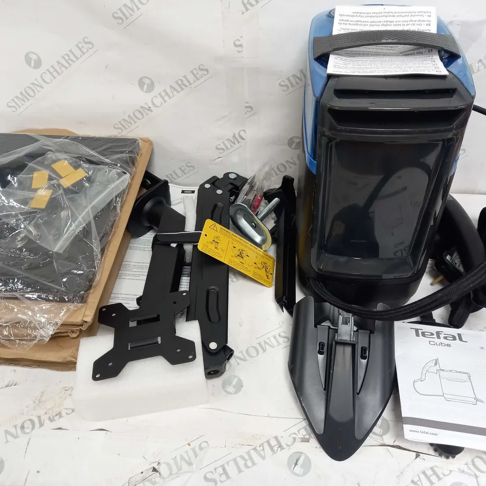 BOX OF APPROX 5 ASSORTED ITEMS TO INCLUDE TEFAL CUBE, PHOLITEN MONITOR BRACKET, SECURITY EXTRA IPAD DOCK