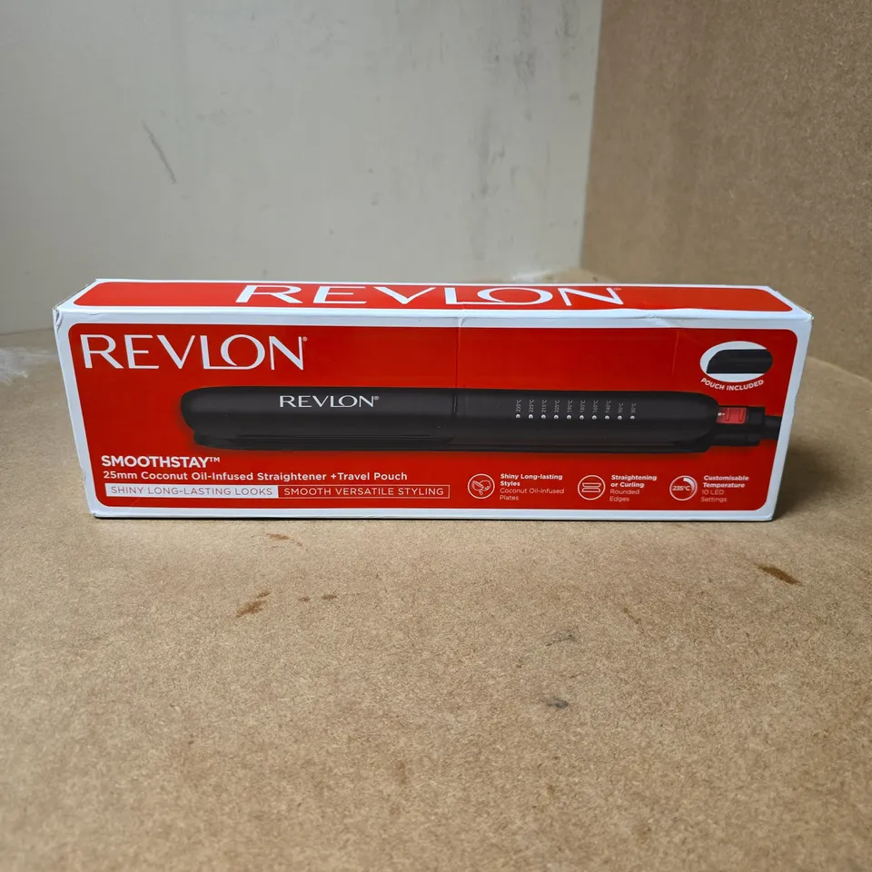 REVLON SMOOTHSTAY 25MM COCONUT OIL-INFUSED STRAIGHTENER – BOXED WITH TRAVEL POUCH