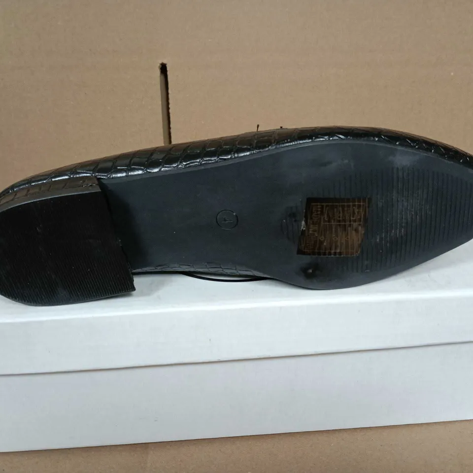 BOXED PAIR OF SPOT ON WOMEN'S BLACK CROC-EMBOSSED LEATHER LOAFERS - UK SIZE 4