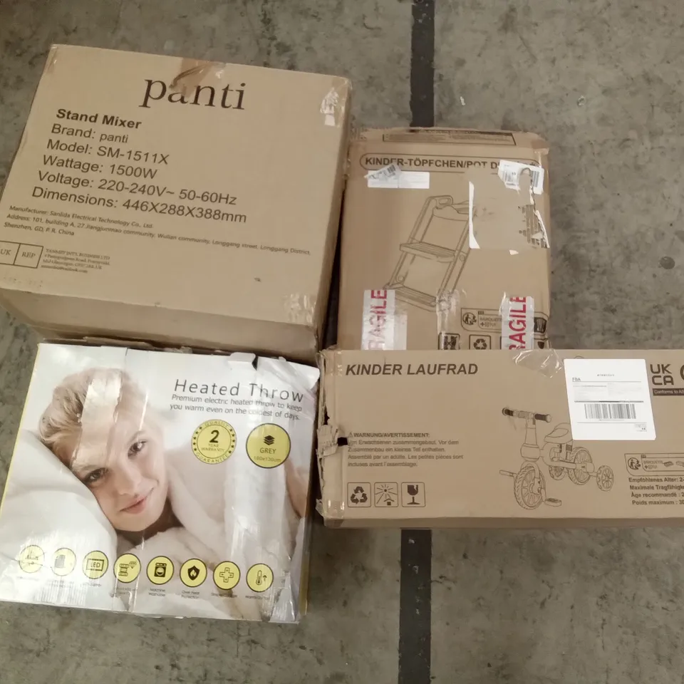 PALLET OF ASSORTED ITEMS INCLUDING HEATED THROW BLANKET, PANTI STAND MIXER, KIDS TOILET STEP, KIDS TRICYCLE, METAL CLOTHES RAIL, AMAGABELI PVC COATED WIRE MESH NETTING 