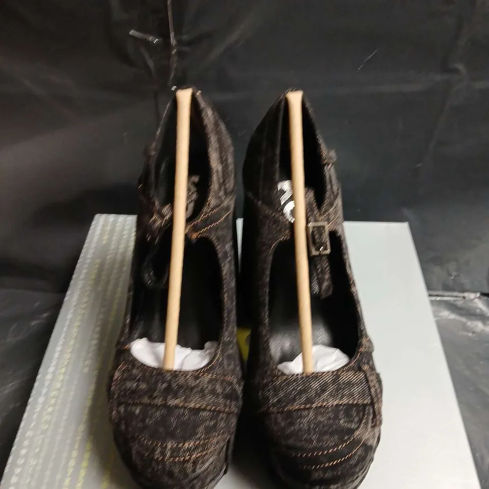 BOXED PAIR OF KOI WOMEN'S DENIM FABRIC PLATFORM HEELS WITH BUCKLE STRAP - UK SIZE 3