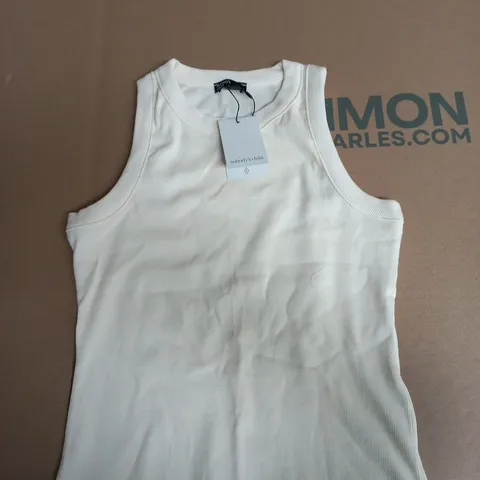 NOBODY'S CHILD WHITE GROWN-ON NECK RIB CAP SLEEVE TOP, UK 10 (EU 38, USA 6)