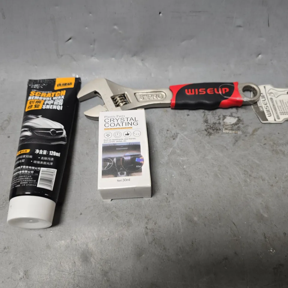 APPROXIMATELY 8 ASSORTED ITEMS TO INCLUDE -WISE UP WRENCH , CRYSTAL COATING , SCRATCH REMOVAL WAX ETC