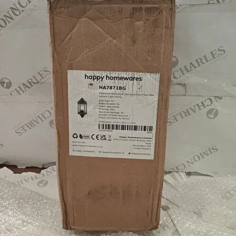 BOXED HAPPY HOMEWARDS TRADITIONAL BLACK/GOLD CAST ALUMINIUM FLUSH WALL LANTERN LIGHT FITTING 