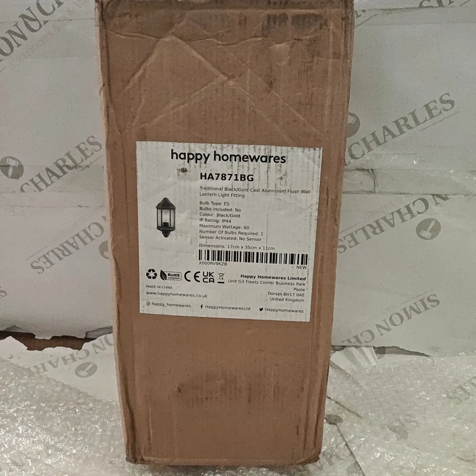 BOXED HAPPY HOMEWARDS TRADITIONAL BLACK/GOLD CAST ALUMINIUM FLUSH WALL LANTERN LIGHT FITTING 
