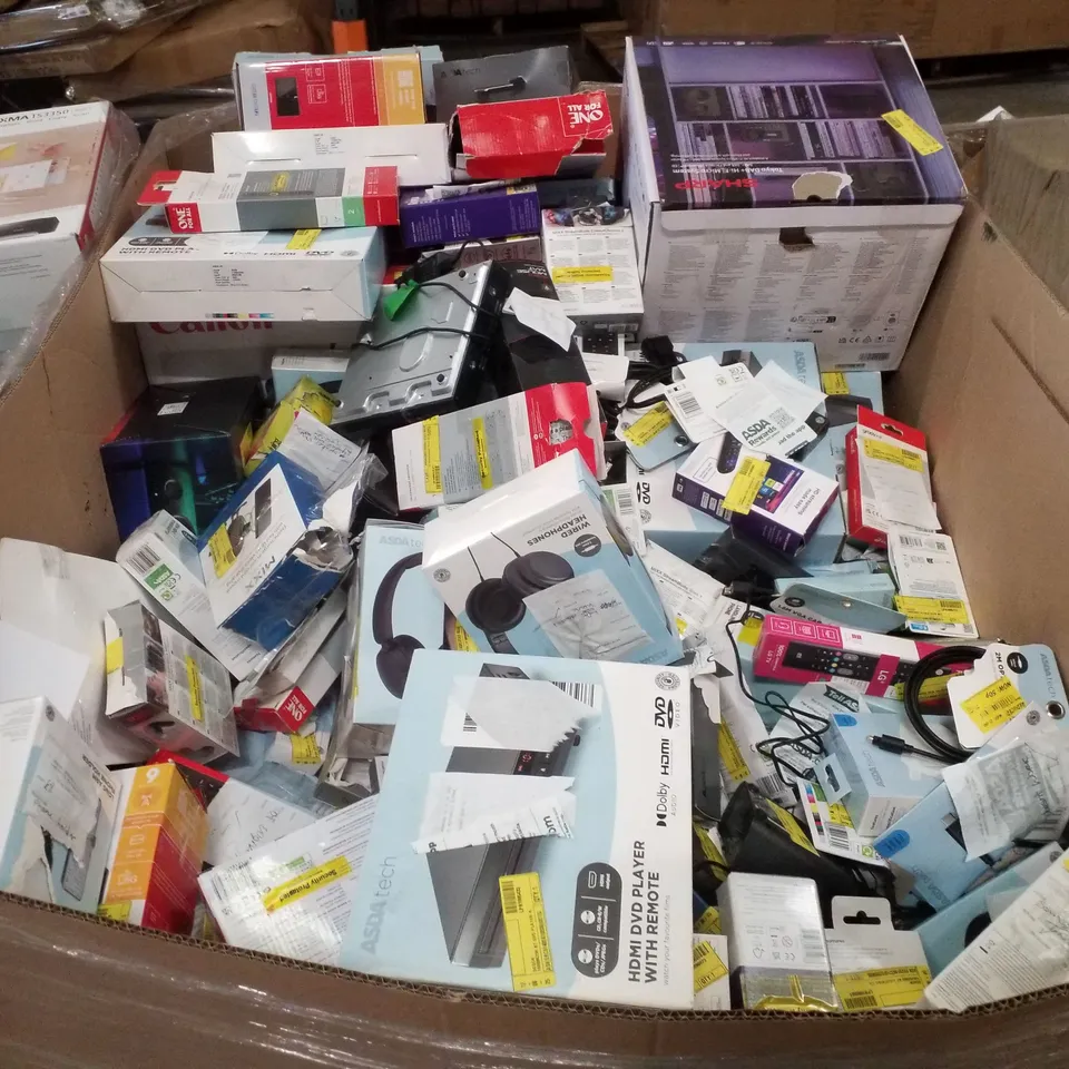 PALLET CONTAINING ASSORTED ELECTRICAL PRODUCTS INCLUDING CANON PIXMA TS3350 PRINTER, BLUETOOTH BOOKSHELF SPEAKER, GAMING KEYBOARD, HDMI DVD PLAYER,  HEADPHONES & AERIAL