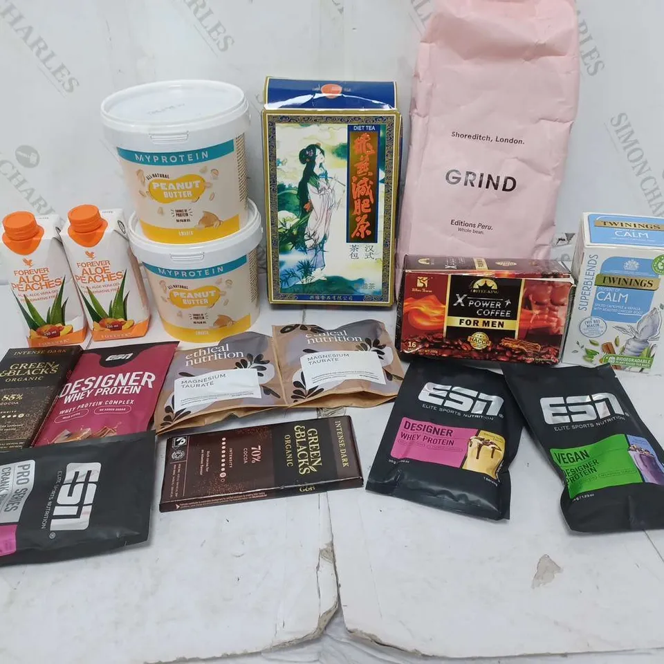 ASSORTED FOOD TOTE TO INCLUDE MP PEANUT BUTTER, MAGNESIUM TAURATE, ORGANIC DARK CHOCOLATE, AND GRIND COFFEE ETC. 