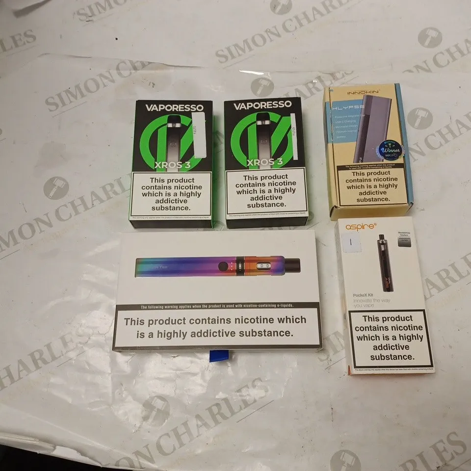 BOXED - 5 E-CIG PRODUCTS TO INCLUDE 2X VAPORESSO XROS 3, INNOKIN, AND ASPIRE