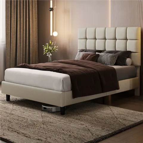 BOXED YAHEETECH SIZE MODERN UPHOLSTERED BED FRAME WITH SQUARE TUFTED HEADBOARD - BEIGE // SIZE: 135 X 190cm (1 BOX)