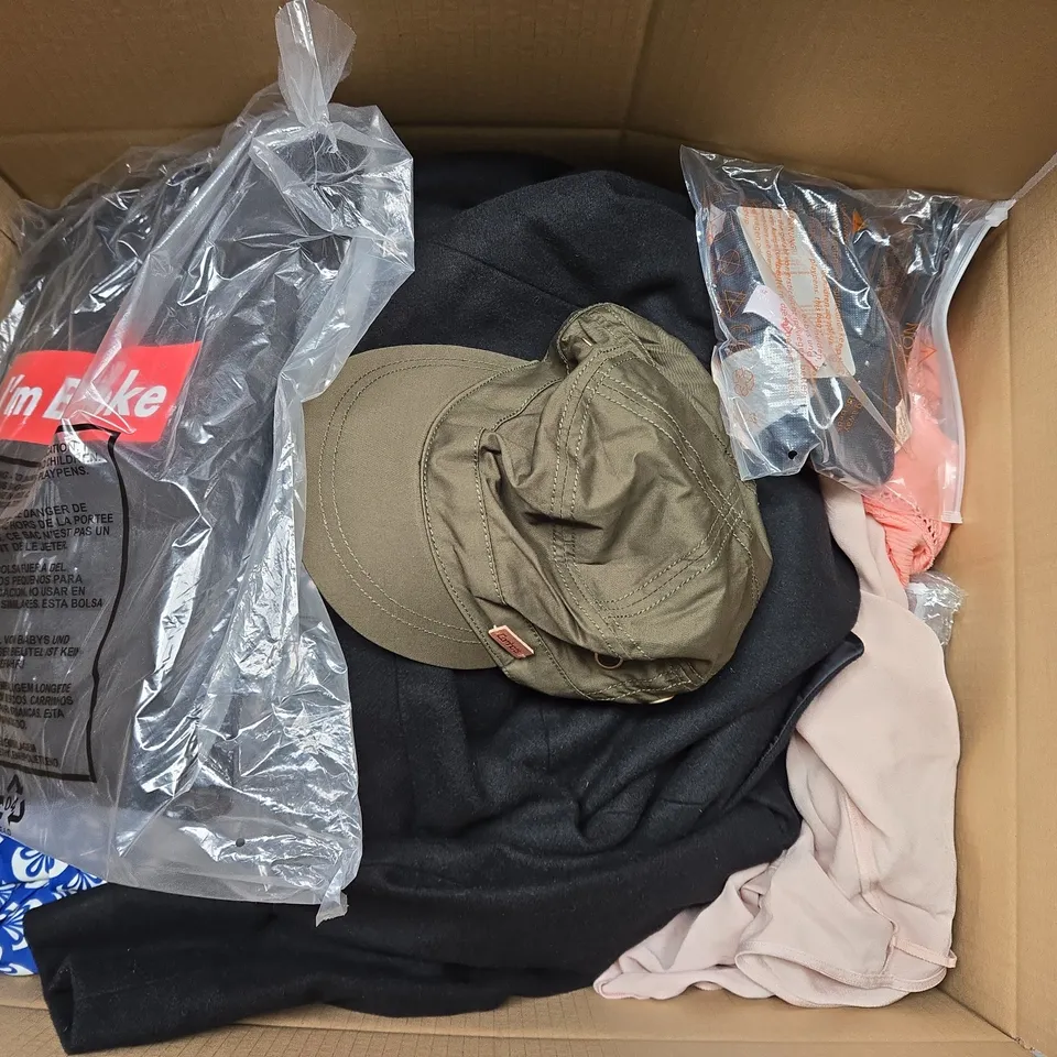 LARGE BOX OF ASSORTED CLOTHING ITEMS IN VARIOUS SIZES, STYLES AND COLOUR 