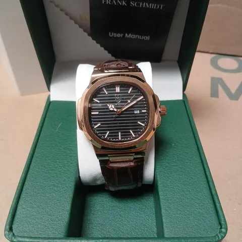 FRANK SCHMIDT FS WRISTWATCH – GOLD-TONE CASE, BLACK DIAL, BROWN LEATHER STRAP