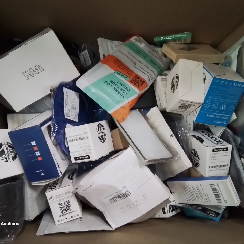 BOX CONTAINING LARGE AMOUNT OF MIXED BOXED ELECTRICAL ITEMS PHONE ACCESSORIES LIGHTING ETC.