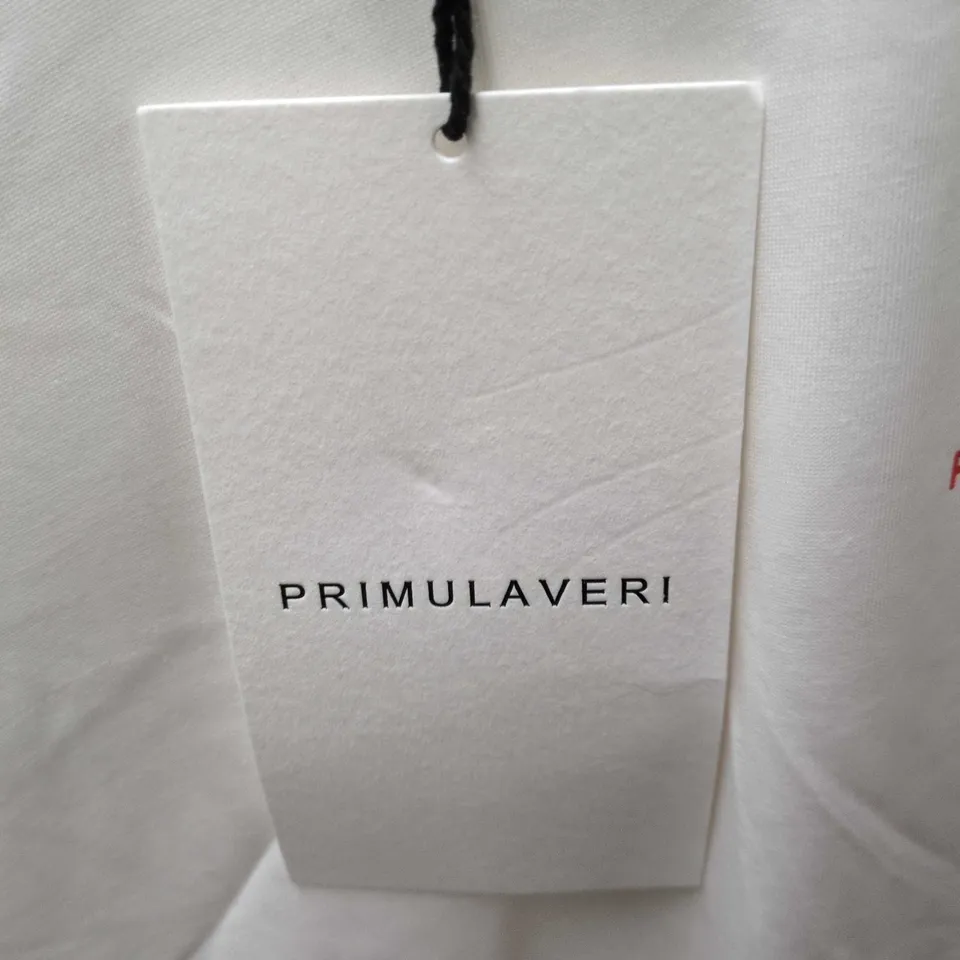 PRIMULAVERI WHITE T-SHIRT WITH RED PV BACK GRAPHIC AND FRONT LOGO