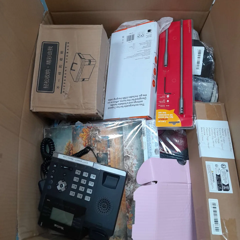 APROXIMATELY 6 ASSORTED HOUSEHOLD ITEMS TO INCLUDE OFFICE PHONES , TOOL KITS , STORAGE CONTAINERS , ETC 