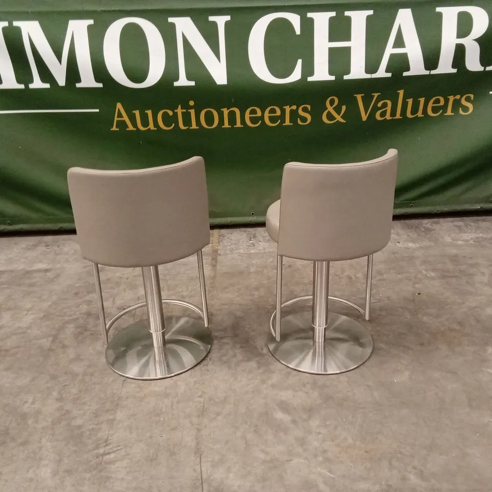 SET OF 2 QUALITY DESIGNER MONZA GAS-LIFT BARSTOOLS, TAUPE PU LEATHER