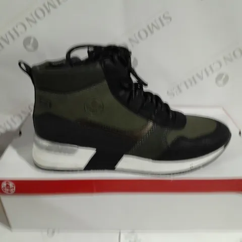 BOXED PAIR OF RIEKER HIGH TOP TRAINER BOOTS KHAKI SIZE 4
