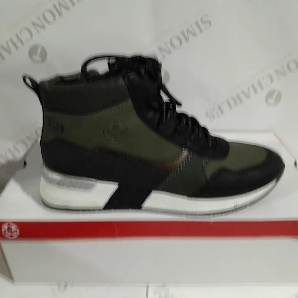 BOXED PAIR OF RIEKER HIGH TOP TRAINER BOOTS KHAKI SIZE 4