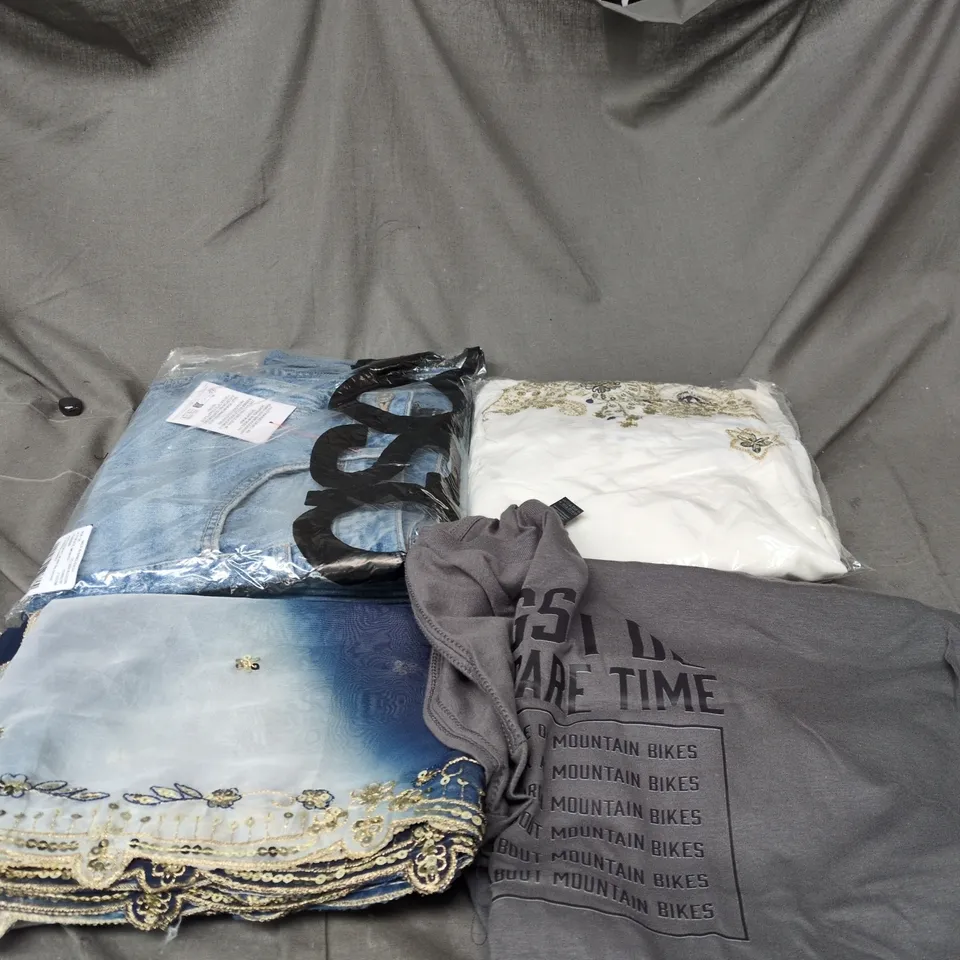BOX OF APPROXIMATELY 25 ASSORTED CLOTHING ITEMS TO INCLUDE JEANS, FUNNY MOUNTAIN BIKING T SHIRT, SHAWL ETC