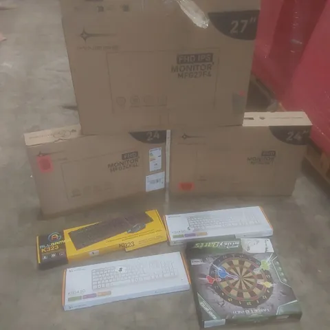 PALLET OF ASSORTED HOUSEHOLD GOODS AND PRODUCTS TO INCLUDE; COMPUTER MONITORS, MOUSE AND KEYBOARD SETS, TOY DARTS, BOXED FURNITURE, RETRACTABLE BABY GATES ETC