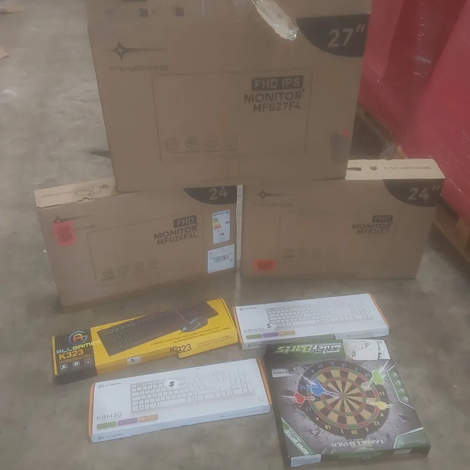 PALLET OF ASSORTED HOUSEHOLD GOODS AND PRODUCTS TO INCLUDE; COMPUTER MONITORS, MOUSE AND KEYBOARD SETS, TOY DARTS, BOXED FURNITURE, RETRACTABLE BABY GATES ETC