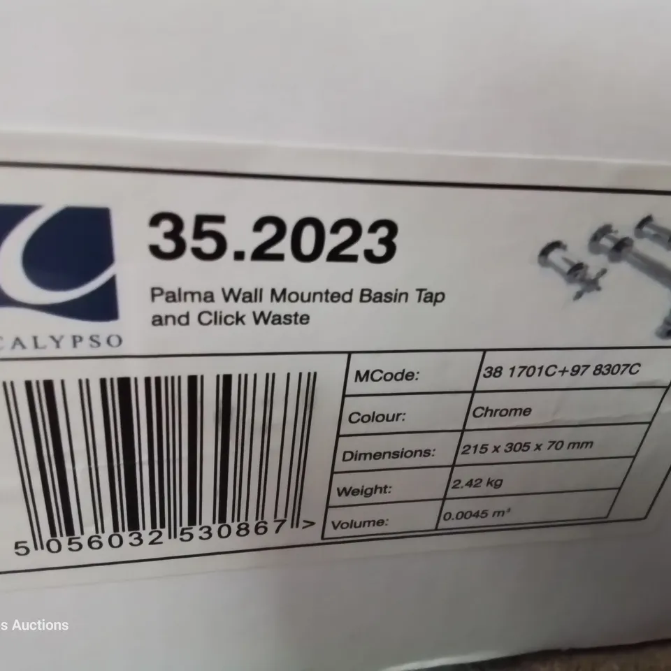 BRAND NEW BOXED DESIGNER PALMA WALL MOUNTED BASIN TAP AND CLICK WASTE CHROME