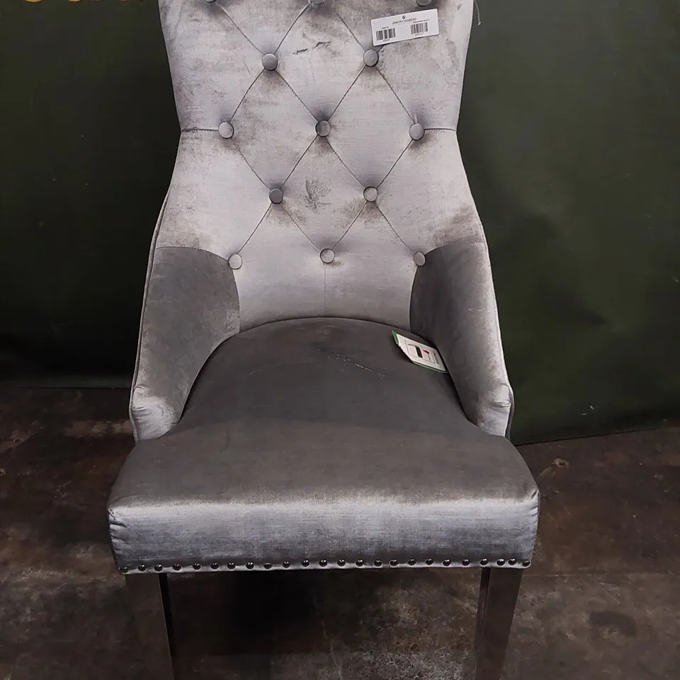 LIGHT SILVER VELVET BUTTON BACK DINING CHAIR