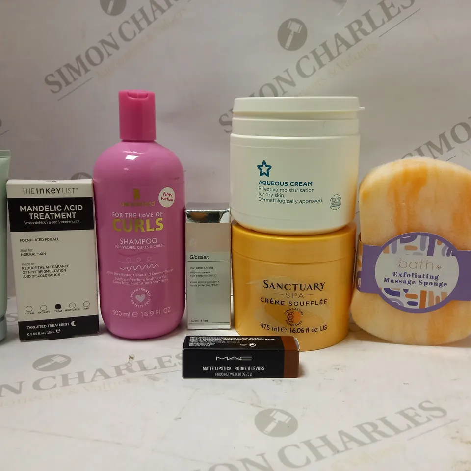 LOT OF 8 ASSORTED BEAUTY PRODUCTS TO INCLUDE GLOSSIER INVISIBLE SHIELD, LEE STAFFORD CURLS SHAMPOO, REVOLUTION GLYCOLIC POLISHER, ETC 
