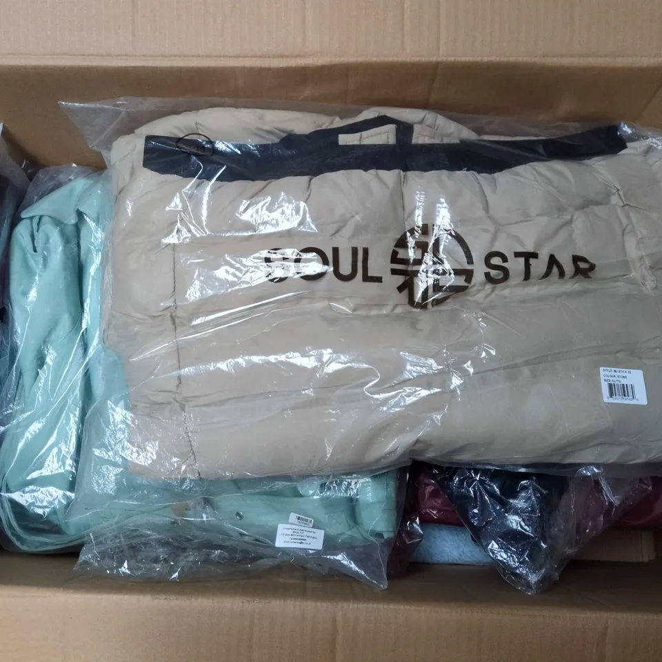LARGE BOX OF APPROXIMATELY 10 ASSORTED CLOTHING ITEMS IN VARIOUS COLOURS, STYLES AND SIZES - COLLECTION ONLY 