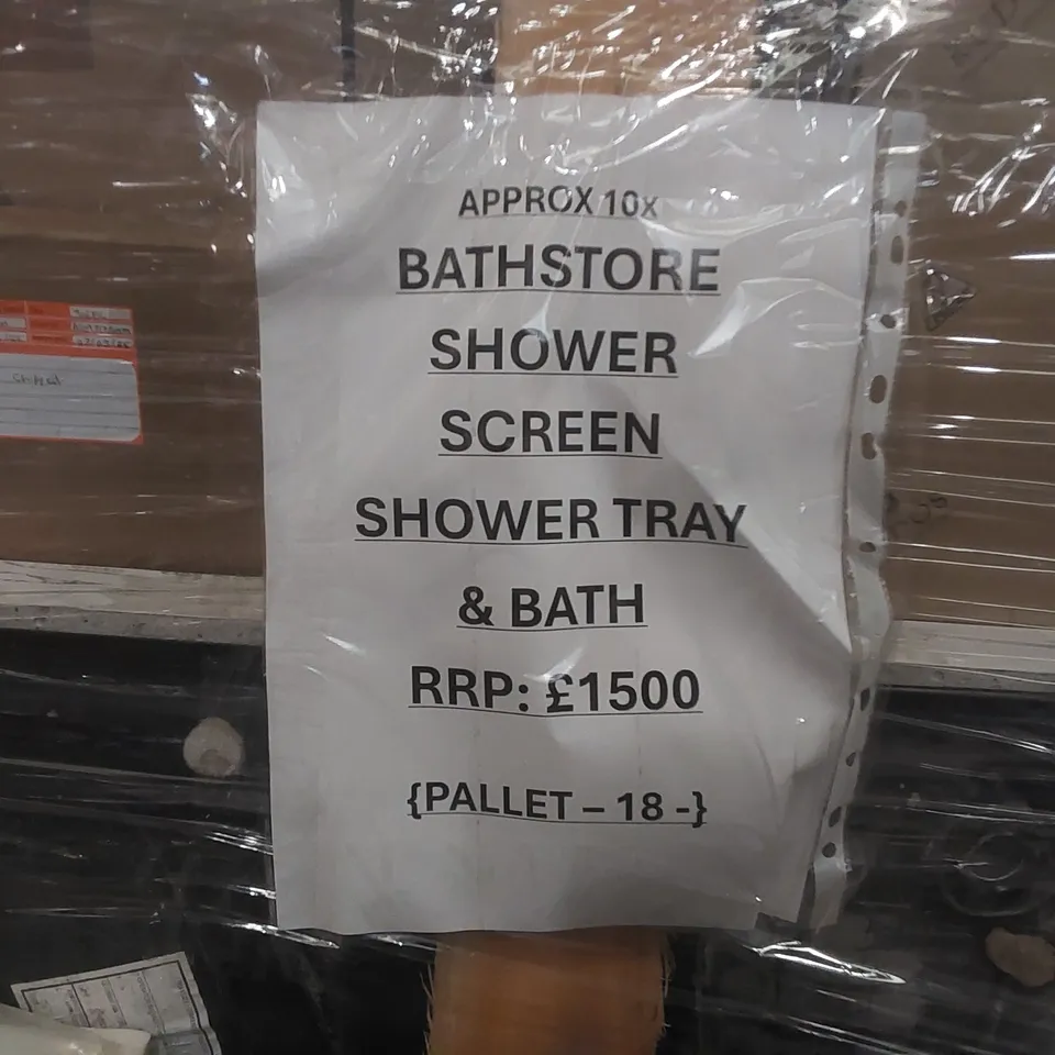 PALLET CONTAINING APPROXIMATELY 10x BATHSTORE SHOWER SCREEN SHOWER TRAY & BATH TUB