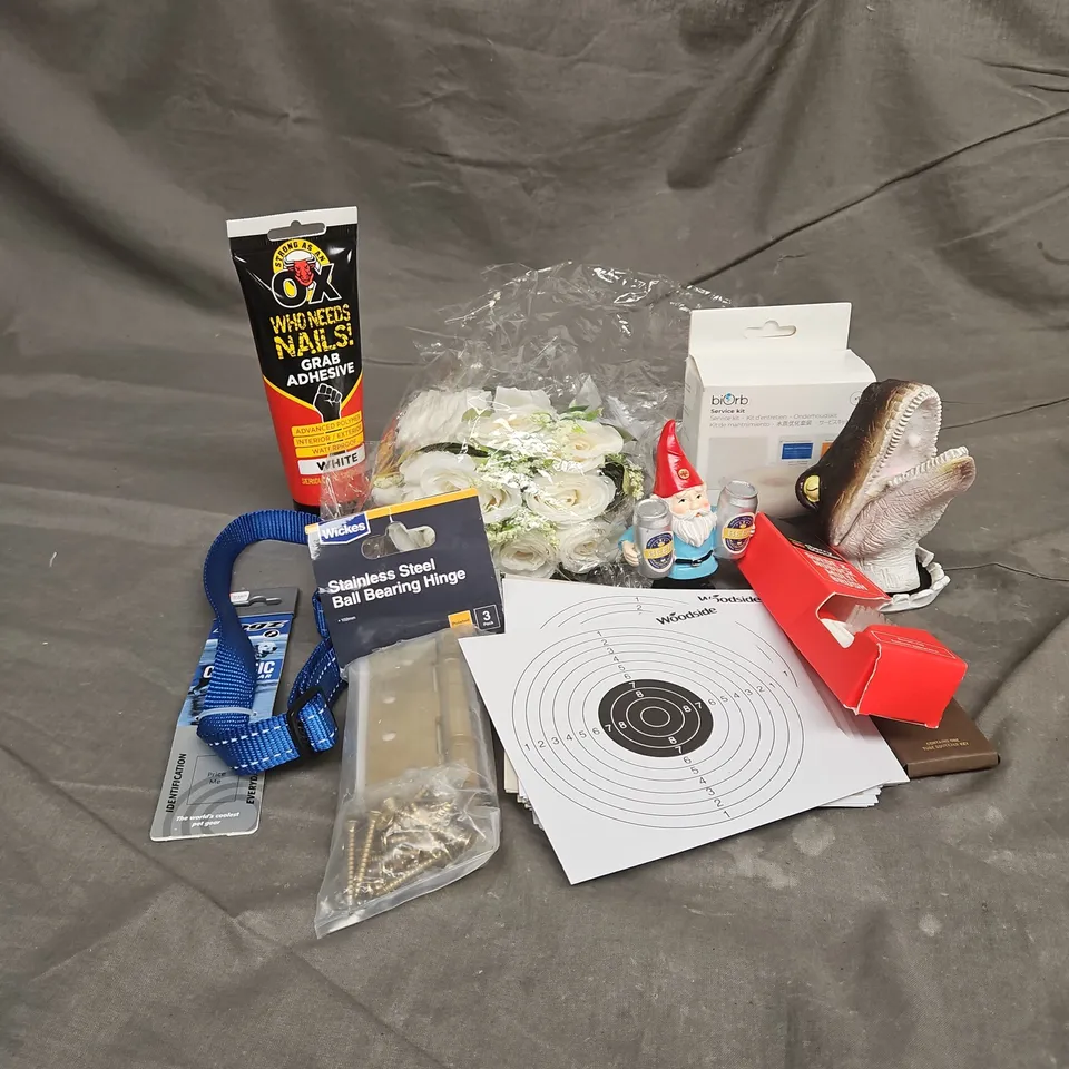 APPROXIMATELY 15 ASSORTED HOUSEHOLD ITEMS TO INCLUDE - BIORB SERVICE KIT, OX GRAP ADHESIVE, WICKES STAINLESS STEEL BALL BEARING HINGE, ETC
