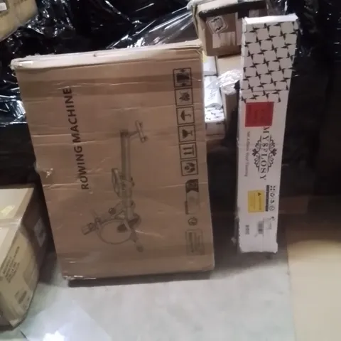 PALLET OF ASSORTED HOUSEHOLD GOODS AND PRODUCTS TO INCLUDE;VINYL FLOORING ADHESIVE,ROWING MACHINE,TREADMILL