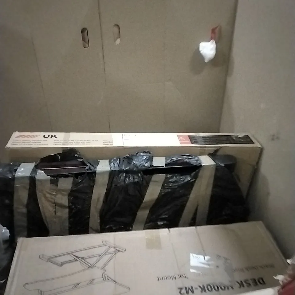 PALLET OF HOUSEHOLD ITEMS TO INCLUDE PROJECTION SCREEN, ACOUSTIC SLAT PANEL, PLANT POT, WALKING VIBRATION PAD AND OTHER ASSORTED ITEMS...