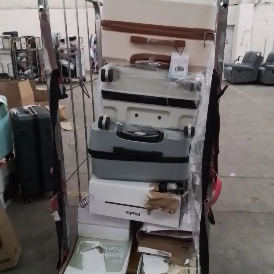 CAGE OF ASSORTED HOUSEHOLD GOODS AND PRODUCTS TO INCLUDE;SUITCASES,PREMIUM LEAF BLOWERS,SHOERACKS