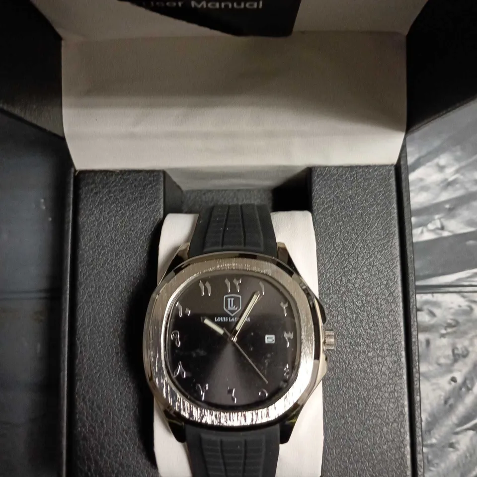 LOUIS LACOMBE WRISTWATCH – STAINLESS STEEL CASE, BLACK DIAL, BLACK RUBBER STRAP (BOXED)