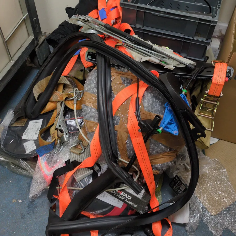 CAGE OF ASSORTED CAR AND TOOL ITEMS TO INCLUDE MODULE CONTROLLER, AIR FILTER, RACHET STRAPS AND CADWELL WELD METAL