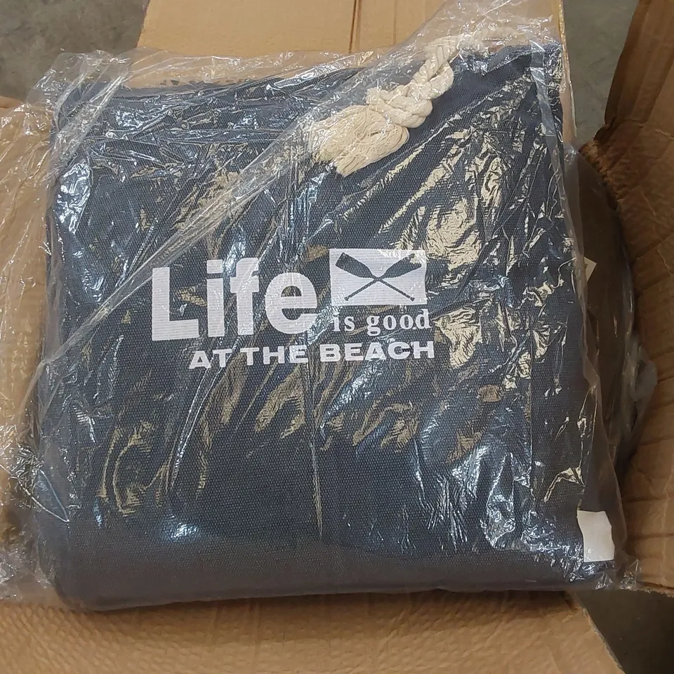BOX OF APPROX 10 X 'LIFE IS GOOD AT THE BEACH' CUSHIONS - COLOURS MAY VARY // SIZE: 45 X 45cm