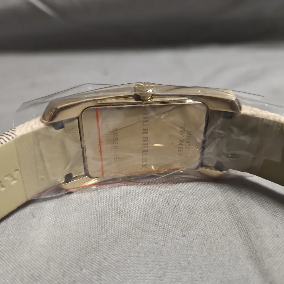 BURBERRY RECTANGULAR GOLD-TONE WATCH WITH BURBERRY CHECK STRAP