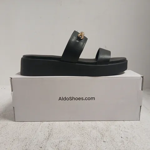 BOXED PAIR OF ALDO OPEN TOE LOW WEDGE SANDALS IN BLACK SIZE UK 7