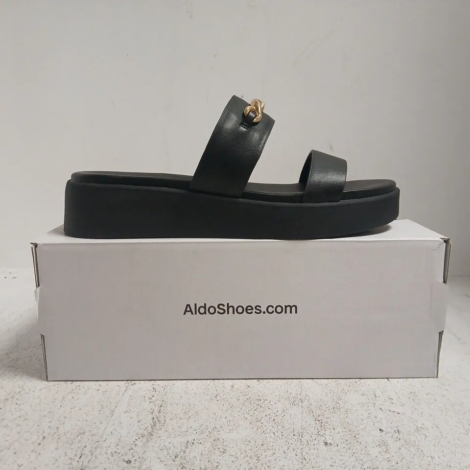BOXED PAIR OF ALDO OPEN TOE LOW WEDGE SANDALS IN BLACK SIZE UK 7