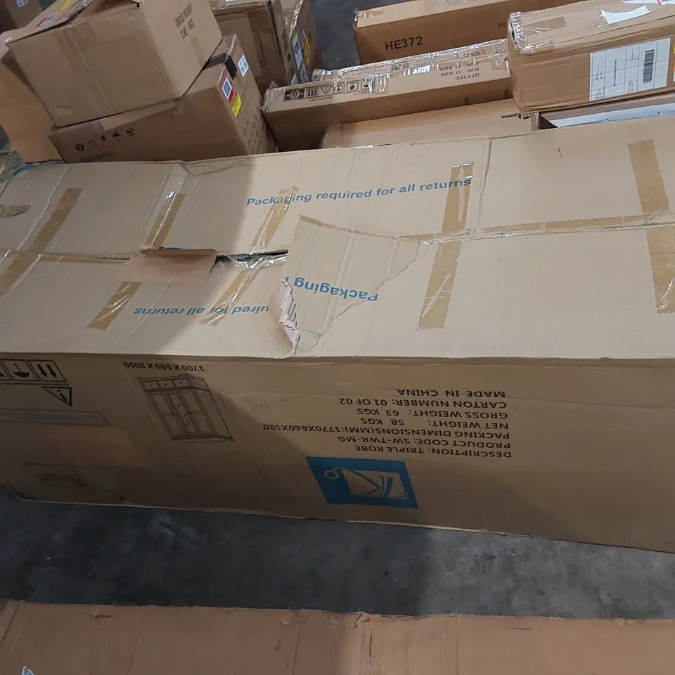 BOXED PINECREST 3 DOOR SOLID + MANUFACTURED WOOD WARDROBE - INCOMPLETE, BASE PART ONLY (1 BOX)