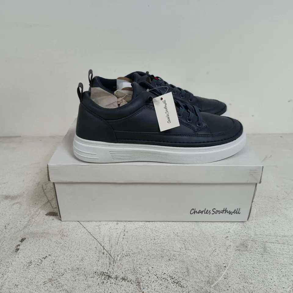 BOXED PAIR OF CHARLES SOUTHWELL MARANELLO TRAINERS IN NAVY - SIZE 8