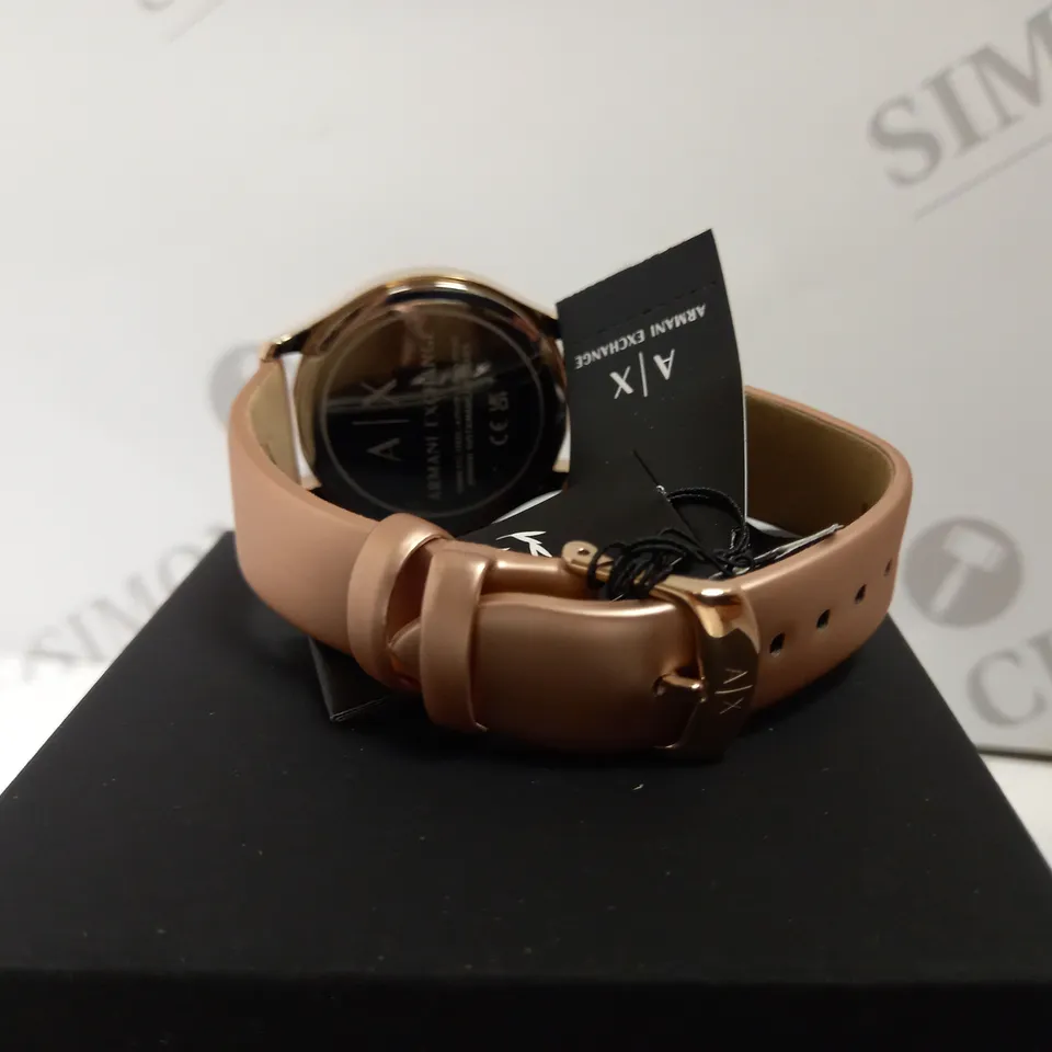 BOXED ARMANI EXCHANGE THREE HAND ROSE GOLD LEATHER STRAP WOMANS WATCH