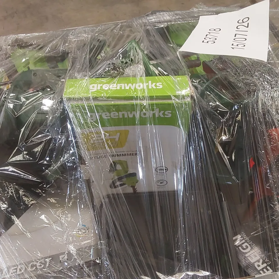 PALLET CONTAINING A VERY LARGE QUANTITY OF ASSORTED ITEMS INCLUDING: LED LIGHTS, HEDGE TRIMMER, LAWN MOWER, 1400W ELECTRIC PRESSURE WASHER, OTHER ASSORTED ELECTRIC GARDEN TOOLS ECT