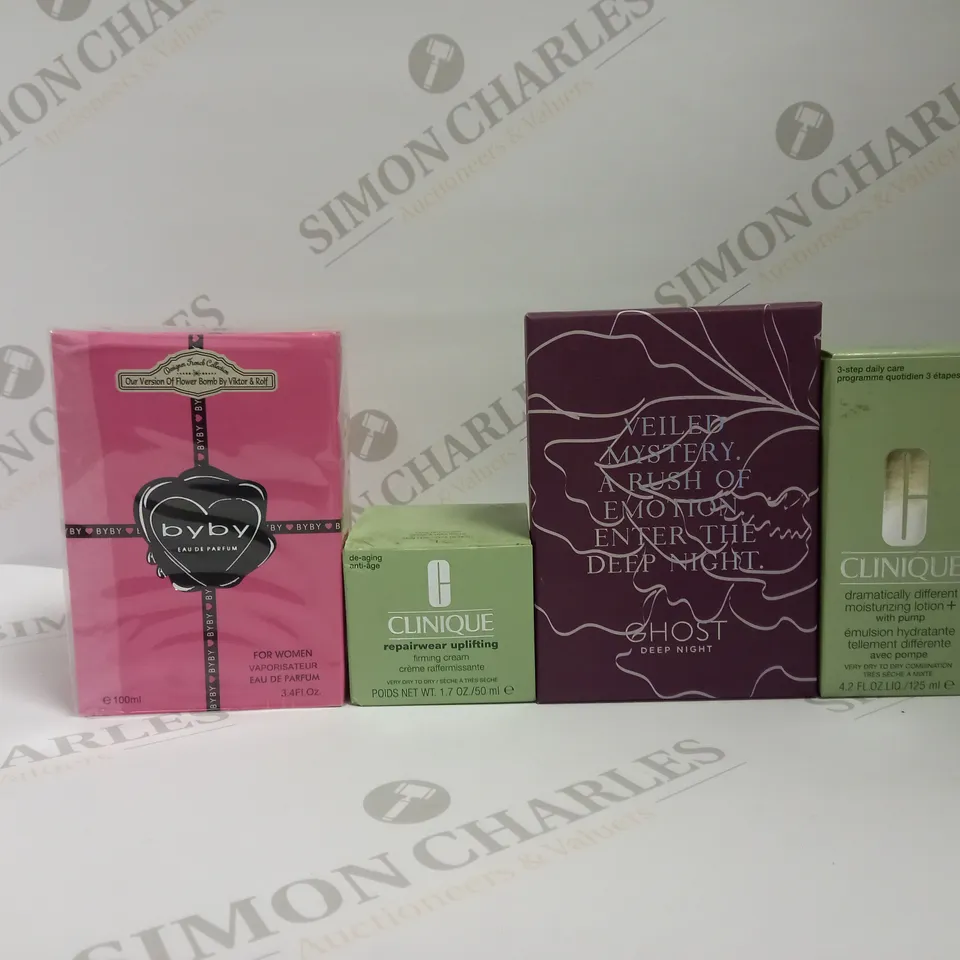 APPROXIMATELY 10 ASSORTED ITEMS TO INCLUDE CLINIQUE FIRMING CREAM, CLINIQUE MOISTURISING LOTION, GHOST DEEP NIGHT GIFT SET, BYBY EAU DE PARFUM ETC.